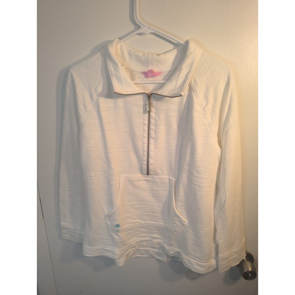 Lilly Pulitzer White Slub Cotton Half Zip Pullover Sweatshirt Palm Tree Small